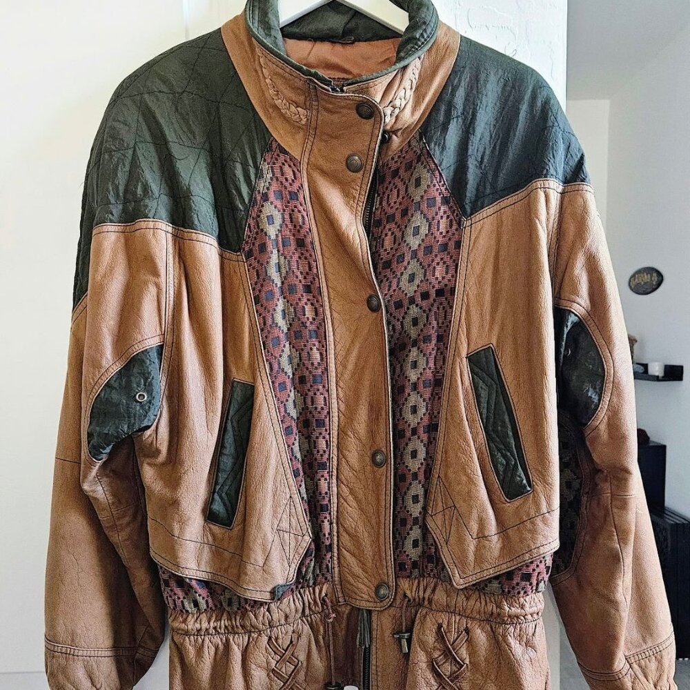 Leather & Suede Patchwork bomber jacket, vintage women's style - Picture 3 of 9